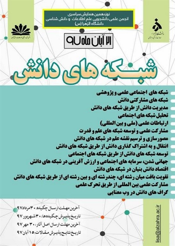 فراخوان مقاله نوزدهمین همایش سراسری انجمن علماطلاعات و دانششناسی، آبان ۹۷، دانشگاه الزهراء (س) همایش (کنفرانس) علم اطلاعات و دانش شناسی علوم تربیتی و آموزشی آبان 1397 ,همایش (کنفرانس) ملی ایران تهران